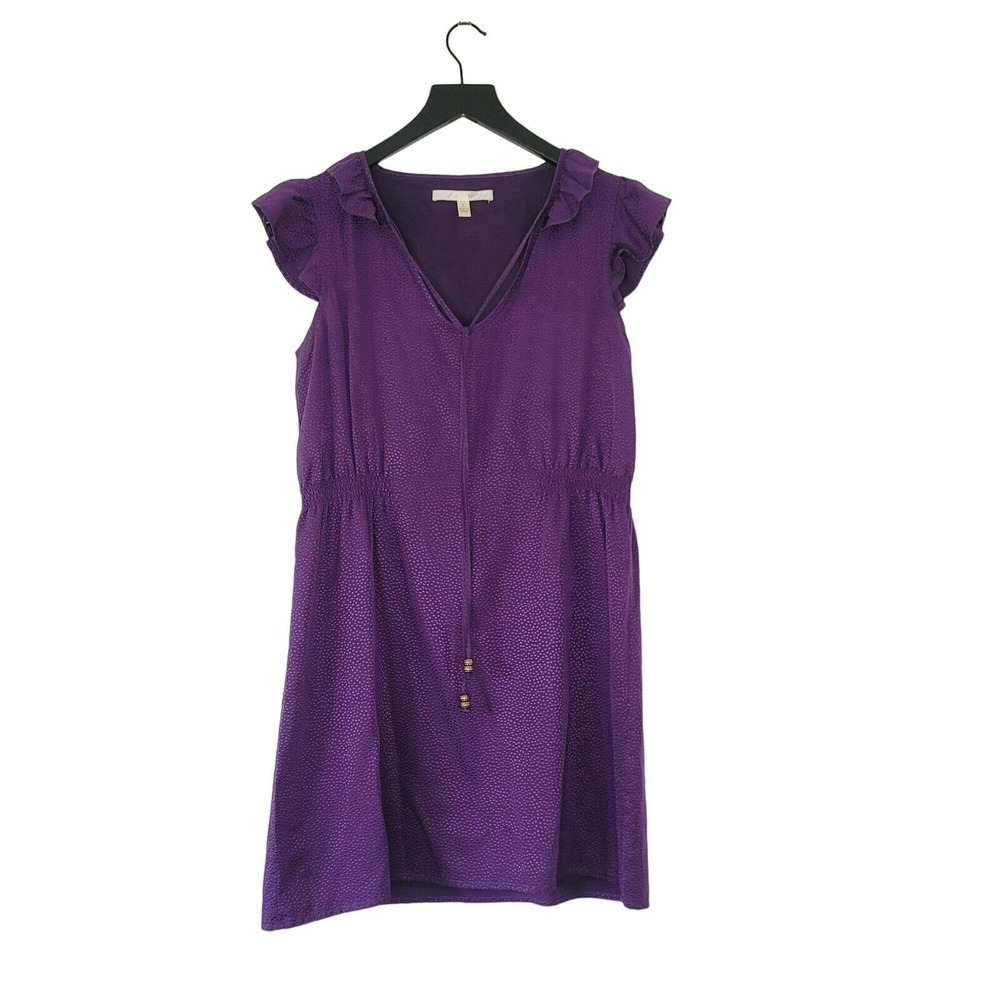 Jenny Han Silk Dress Purple V-Neck Flutter Sleeve Tassels Elastic Waist Office S